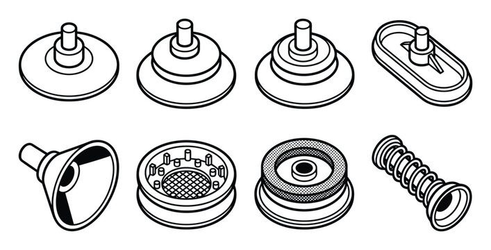 Isometric line art icons of industrial vacuum suction cups and bellows
