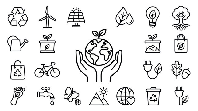 Large sustainable living and environmental icon set.