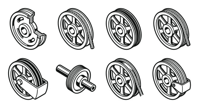 Isometric line art icons of U-groove sheaves and pulleys for engineering designs.