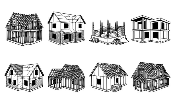 House Construction Framing Line Art Icon Set with Building Under Development Blueprints for Architecture, Real Estate, and Carpentry Engineering Graphic Designs