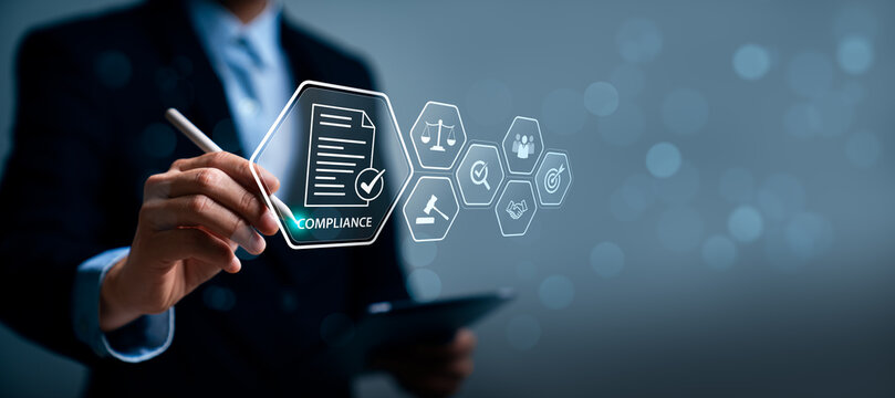 Compliance management concept with digital document approval interface legal checklist audit governance regulation and business policy control system for corporate risk management