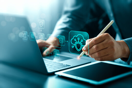Cybersecurity protection framework concept with business professional using tablet and stylus showing cloud security workflow threat detection authentication monitoring response and data protection