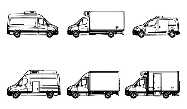 Commercial Delivery Van and Cargo Truck Icon Set with Logistics Vehicle Symbols for Shipping, Transport, Courier Service, and Fleet Vector Designs