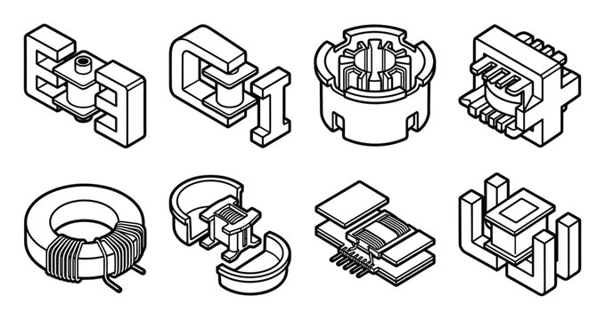 Isometric line art of power supply transformer and inductor cores