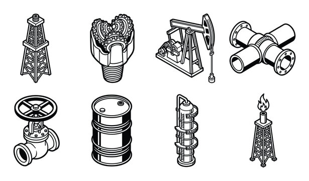Isometric line art oil and gas industry icons including drilling rig and pumpjack.