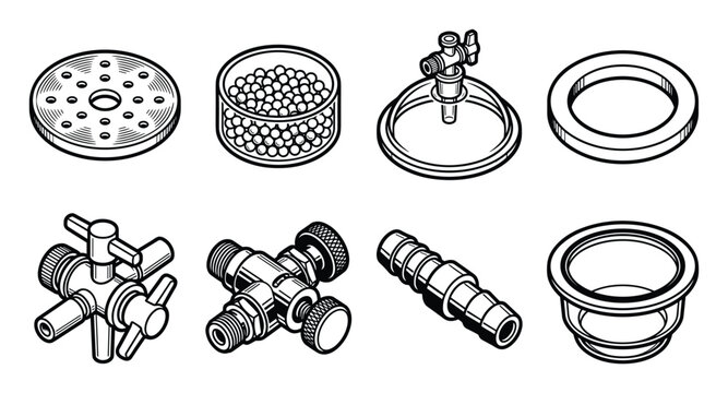 Isometric line art vector collection of vacuum desiccator chamber components.