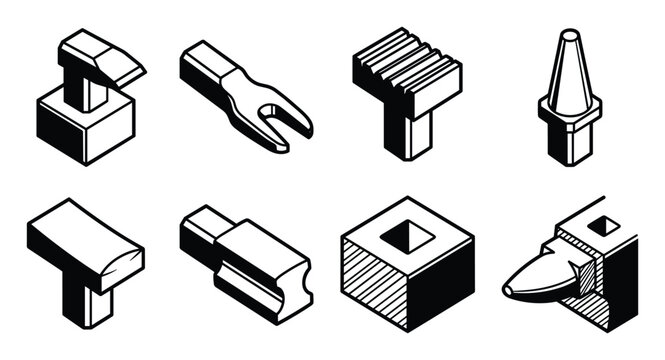 Isometric line art vector set of forging tools for anvil hardy hole.