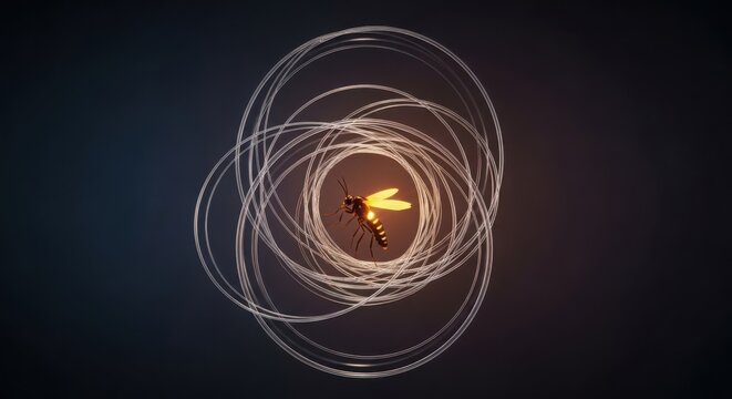 A glowing firefly at the center of swirling luminous geometric rings