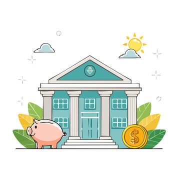 Flat vector illustration of a bank building with piggy bank and gold