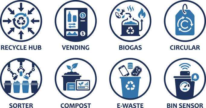 Set of Sustainable Waste Management and Smart Recycling Technology Icons Featuring Advanced Circular Economy Solutions.