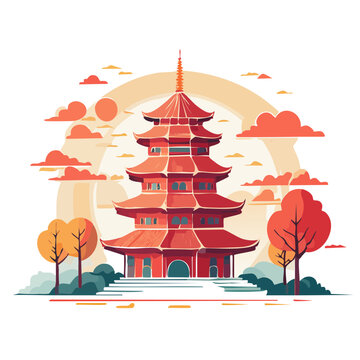Traditional East Asian Pagoda with Sun and Clouds