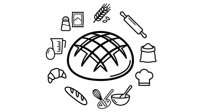 Round loaf of bread with baking tool icons.