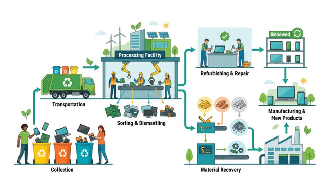 Illustration depicting the electronic waste recycling process, from collection and transportation to material recovery and manufacturing new products, with a focus on sustainability
