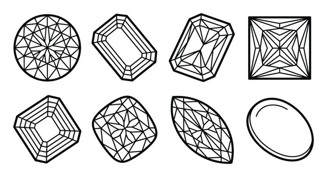 Lapidary gemstone faceting cuts outline diagrams for jewelry design.