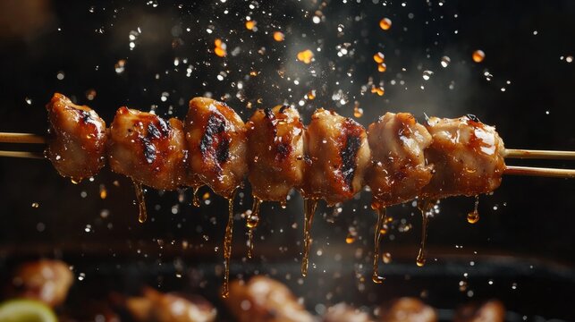 yakitori skewers floating in the air, generative ai