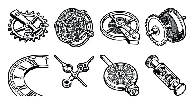 Line art collection of clock and watch mechanisms, gears, and parts.