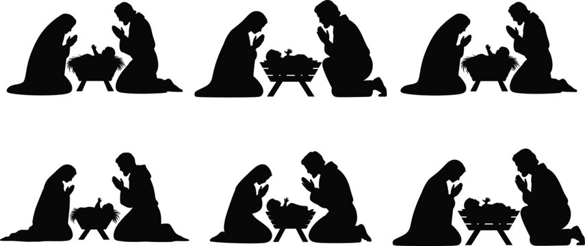 Set of black silhouettes showing holy nativity scene with baby Jesus