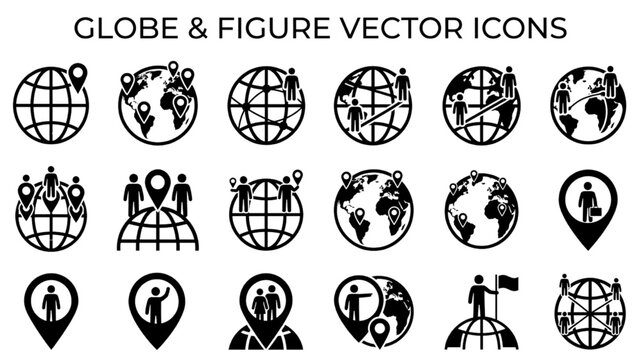 Global Population Vector Icon Sheet, Flat Silhouettes of Stylized Globe Grids with Human Figures Pinpointed Across Countries and Map Pins, Art