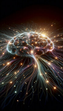 A complex, glowing network of neurons, with long, branching axons and dendrites connecting at synapses, Ai generated image