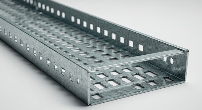 Metallic cable tray isolated on white surface for industrial wiring