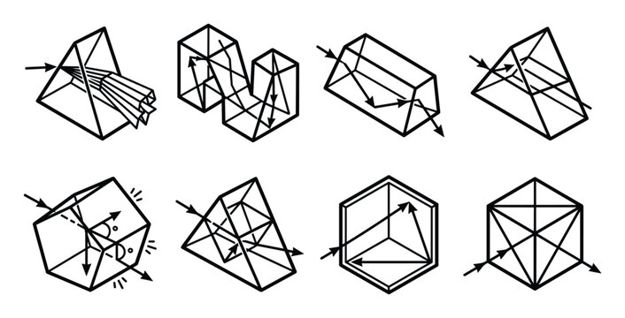 Line art diagrams of optical prisms showing light refraction and reflection.