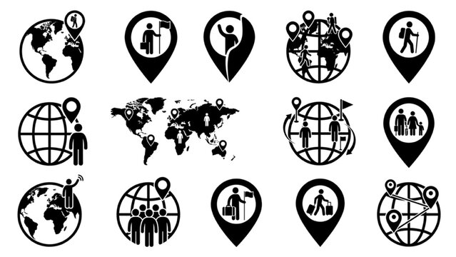 Global Population Vector Icon Sheet, Flat Silhouettes of Stylized Globe Grids with Human Figures Pinpointed Across Countries and Map Pins, Art