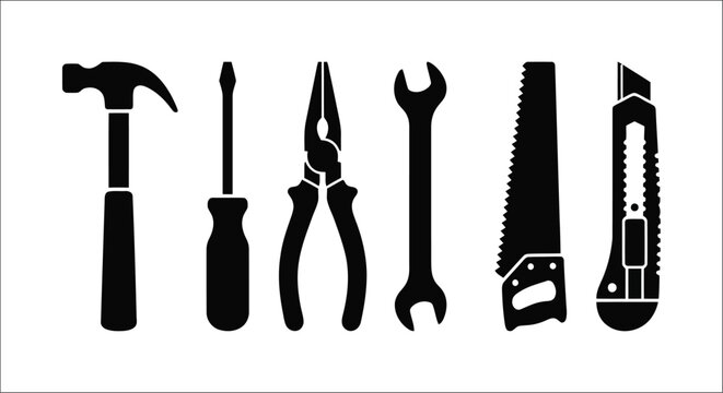 Tool silhouettes on a white background a collection of construction and repair implements set hand tools icons equipment black isolated hardware workshop building maintenance fix