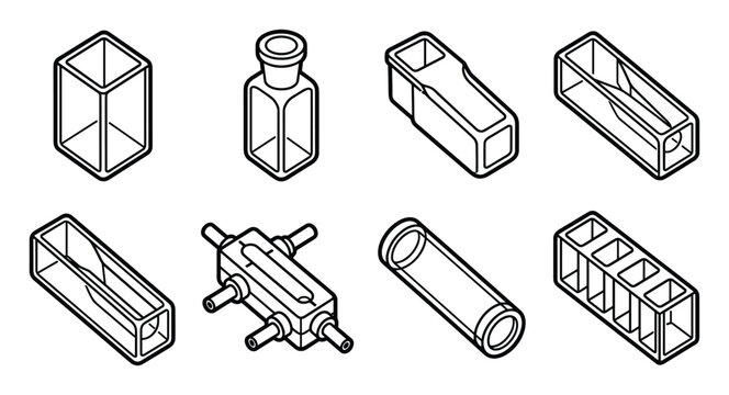 Line art vector collection of spectrophotometer cuvette designs.