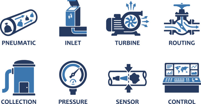 Set of Blue Industrial Pneumatic Tube System Icons Representing Transport and Control Components.