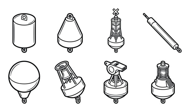 Line art vector icons showing various navigational buoy shapes and marine signals.