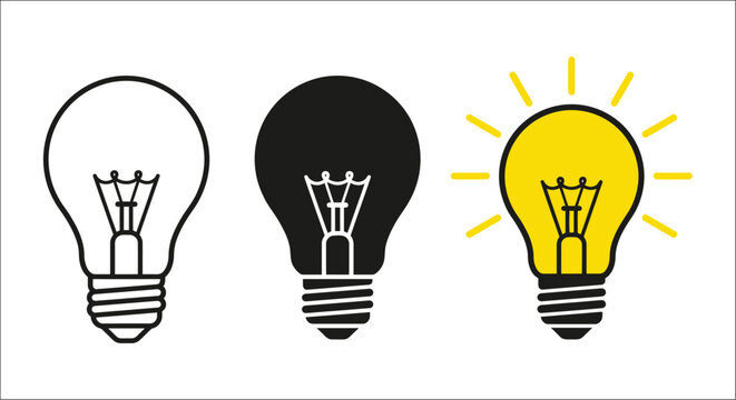 Three light bulbs in varying styles a line drawing solid black and illuminated yellow lightbulb bulb lamps illumination lighting glow idea innovation invention energy electricity