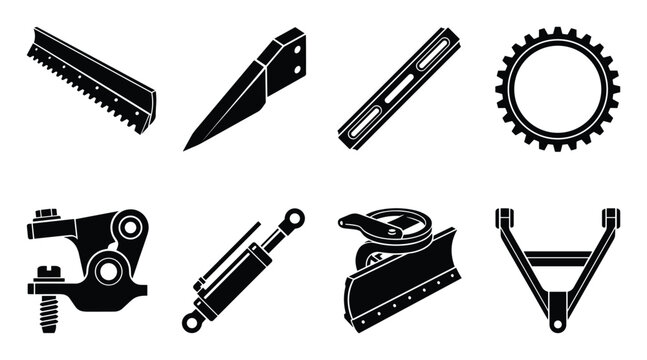 Motor grader moldboard curve and heavy equipment parts vector icons