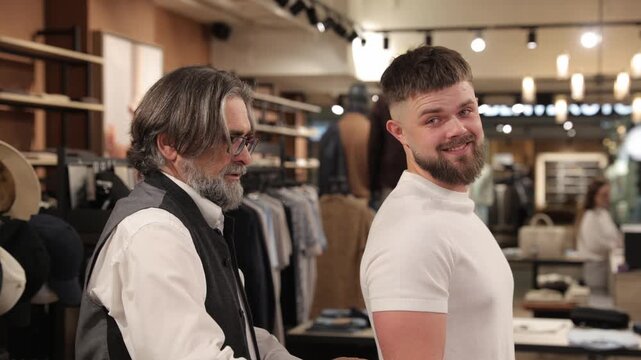 Tailor measuring customers arm in a clothing store