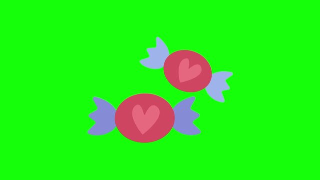 Love icon sign, animated heart shaped on two pink candy, sweet cartoon vector. Social media gift idea, message, interaction symbol. Popup clipart shape animation green screen background template.