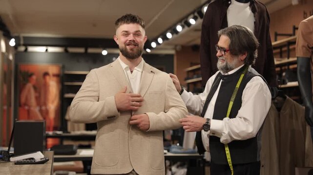 Professional tailor helping client choose new suit