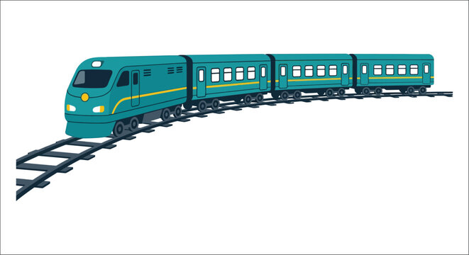 Teal passenger train on tracks a flat vector illustration with a white background rail transport railroad locomotive carriage railway transportation travel vehicle graphics digital art