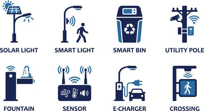 Set of smart city infrastructure icons featuring eco-friendly energy and urban technology solutions for modern sustainable living isolated on white background.