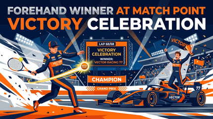 Obraz premium Tennis Champion Celebrates Match Point Victory Over Racing Grand Prix Background