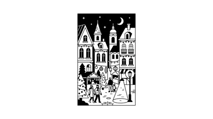Obraz premium Christmas Market Night Scene, Festive Town Square, Winter Holiday Illustration