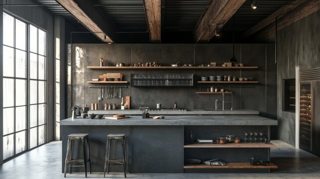 Industrial kitchen, concrete countertops, steel shelving, warehouse architecture generative ai
