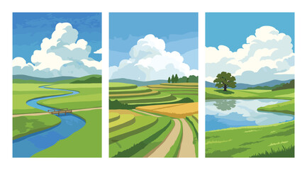 Fototapeta premium Vector poster set of landscape triptych with green fields, river, terraces, and lake
