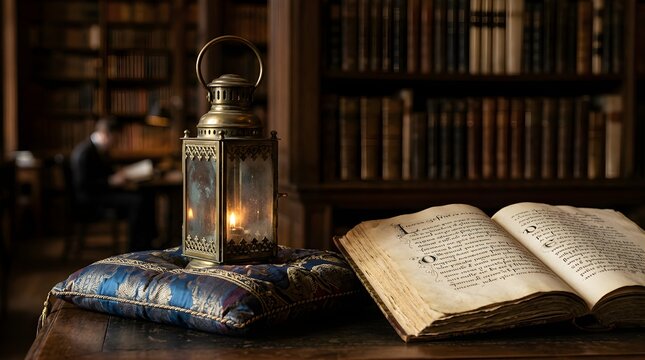 Antique Lantern and Open Book on Wooden Table in Dimly Lit Library
