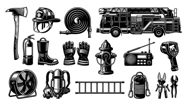 Vintage Black and White Engraving Style Firefighting and Rescue Equipment Set.