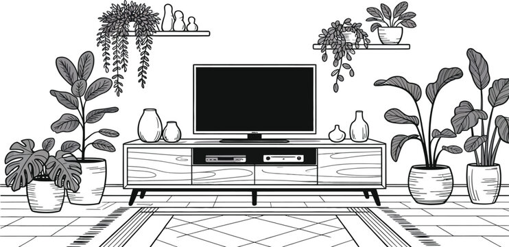 Modern living room, TV stand with plants, black and white illustration, vector interior design
