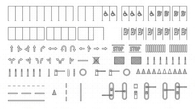 Architectural Parking and Traffic Symbol Vector Library with Top View Site Plan Icons, Road Marking CAD Blocks and Urban Design Elements
