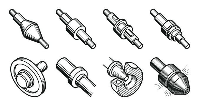 Precision horology balance staff and pivot components line art.