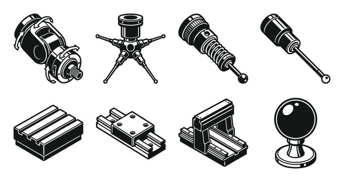 Precision metrology machine probes and linear guides icons set.