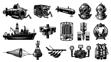 Obraz premium Underwater Technology Equipment Icons - Black and White Vector Line Art