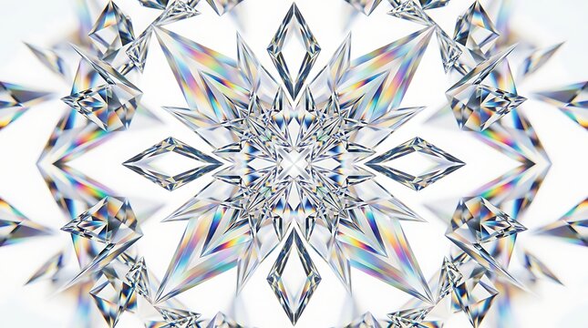 Symmetrical crystal star pattern with rainbow light refraction