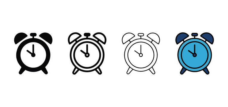 alarm clock icons in black line blue and white on white background  simple style